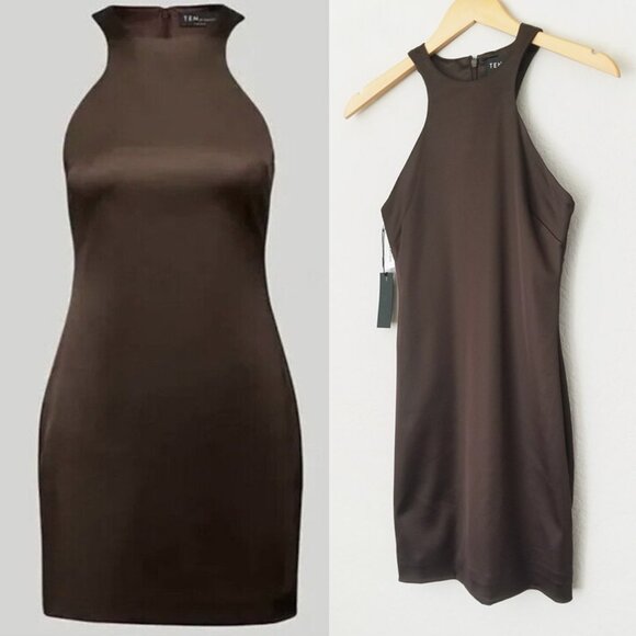 NEW Aritzia TEN Babaton Satin Pressure Dress 00 Racer Back Rich Mocha Brown 90s - Picture 1 of 12